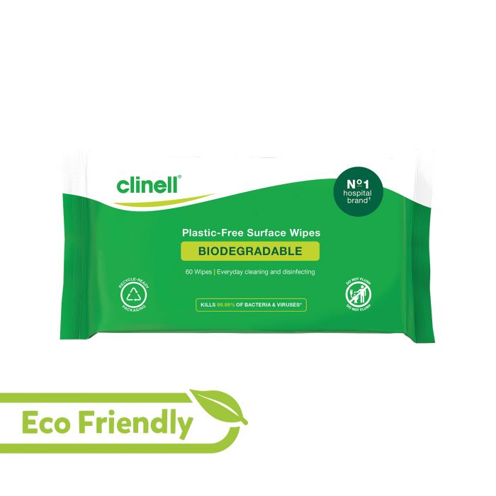 Clinell Universal Plastic-Free & Biodegradable Surface Wipes - (Pack 60)