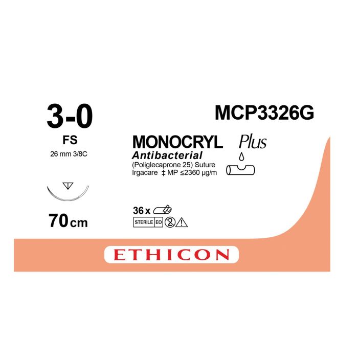 Ethicon Monocryl PLUS Sutures (Monofilament | Undyed | 3-0 | 70cm | Reverse Cutting | 26mm | 3/8C) - (Pack 12)