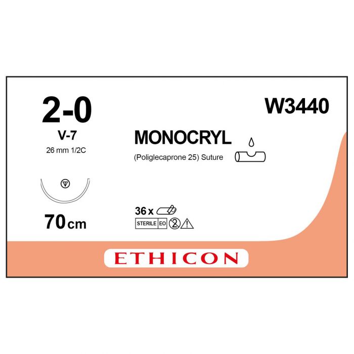 Ethicon Monocryl Sutures - 2/0 - 70cm - Violet - (Pack 12)